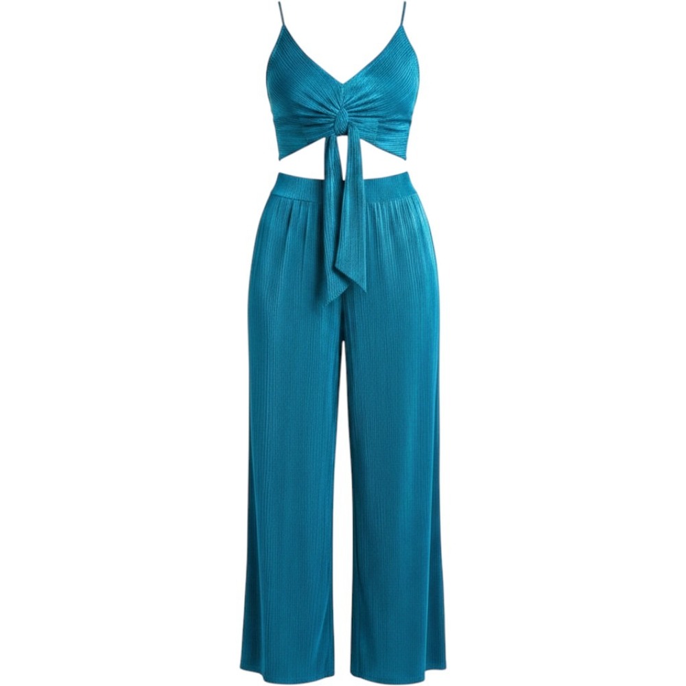 RO&DE Teal Pleated Wide Leg Pants and Crop Top Set‎ Women Size M Blue Green